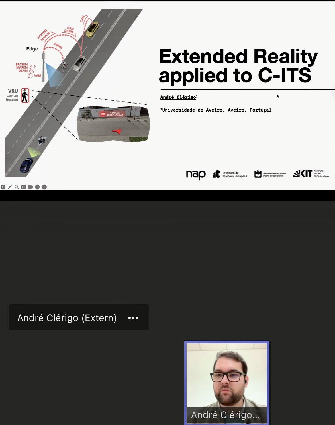 Screenshot of André Clérigo presenting Extended Reality applied to cooperative intelligent transport systems